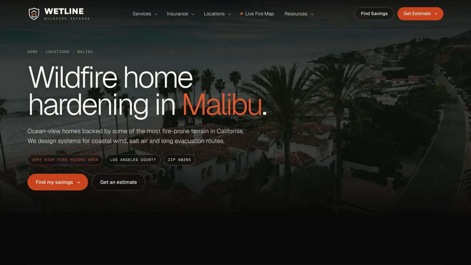 Página de Wetline para proteger casas en Malibu