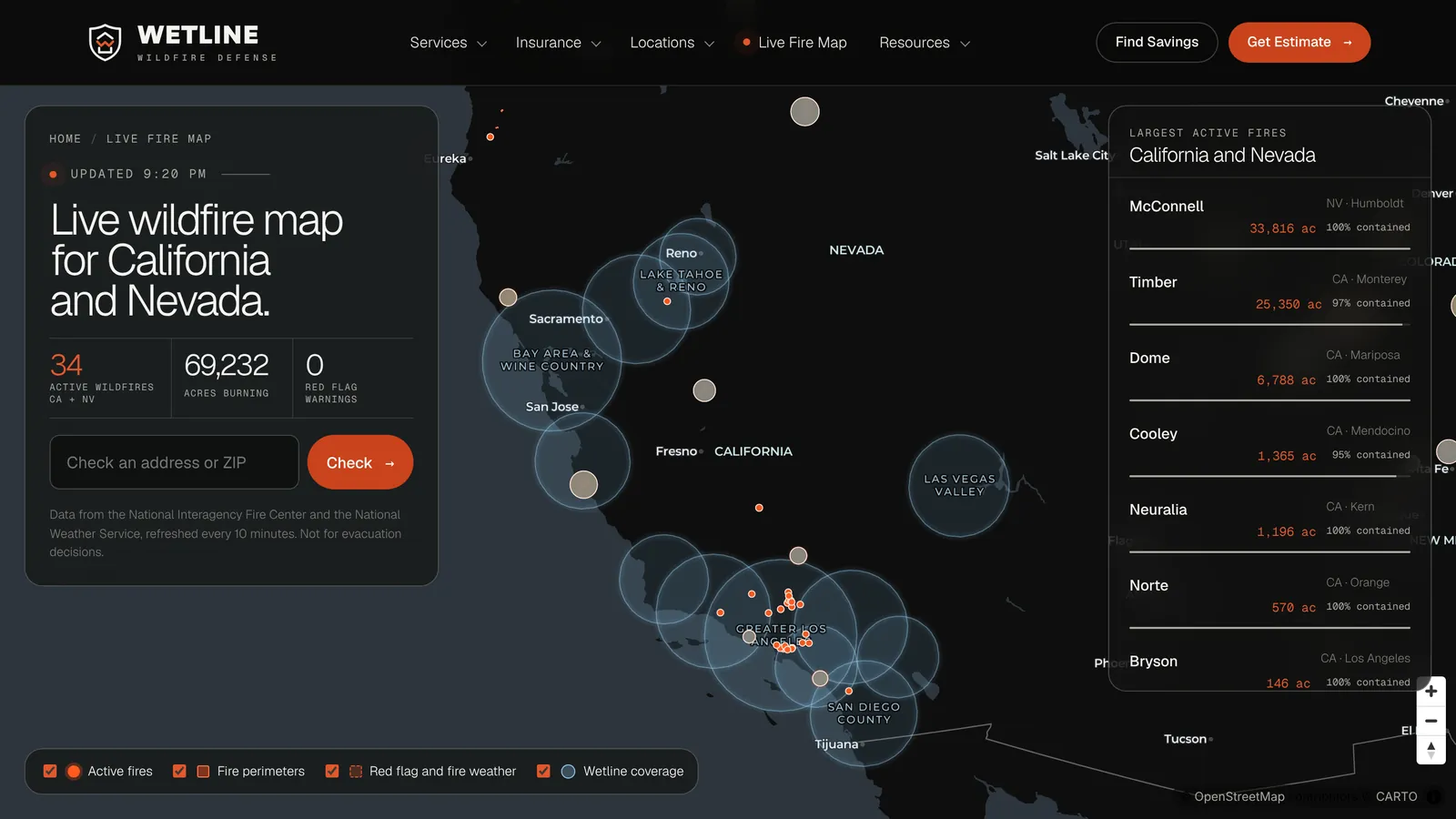 Mapa de incendios forestales en vivo de Wetline para California y Nevada